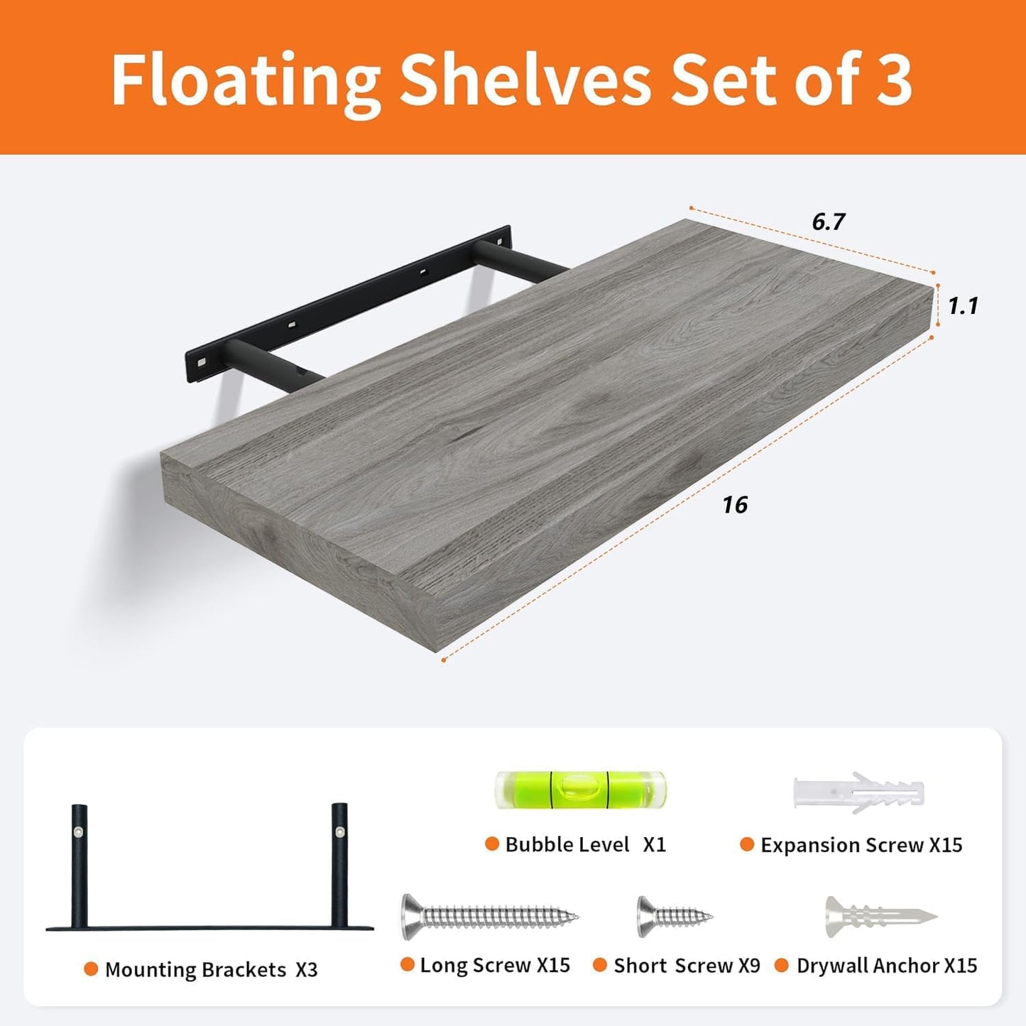 Upassion White Floating Shelves - Set of 3, 16" Wall Mounted Shelves for Home Decor, Living Room, Bedroom, Bathroom, Kitchen