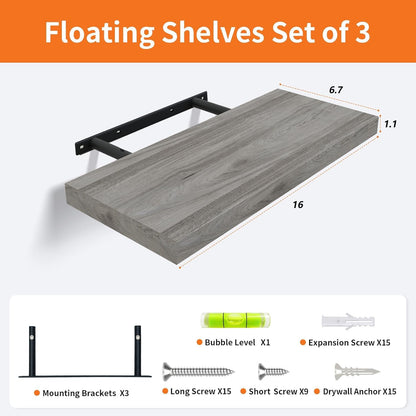 Upassion White Floating Shelves - Set of 3, 16" Wall Mounted Shelves for Home Decor, Living Room, Bedroom, Bathroom, Kitchen