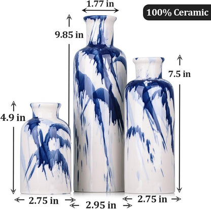 Blue Ceramic Vase Set - 3 Blue Small Vases, Farmhouse Country Flower Vase Home Decor, Living Room Decoration, Table Decoration, Fireplace Decor, and Entrance Decorations Centerpieces