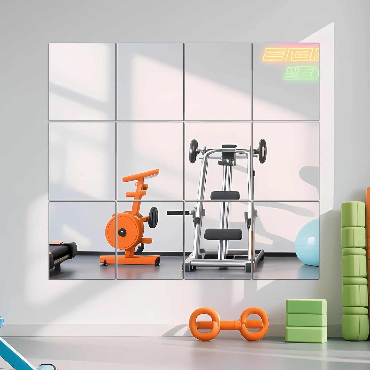 Ruomeng Home Gym Mirrors 12 Inch x 12Pcs Wall Mounted Mirror Glass Frameless Full Length Mirror Tiles for Home Gym, Bedroom, Door & Bathroom