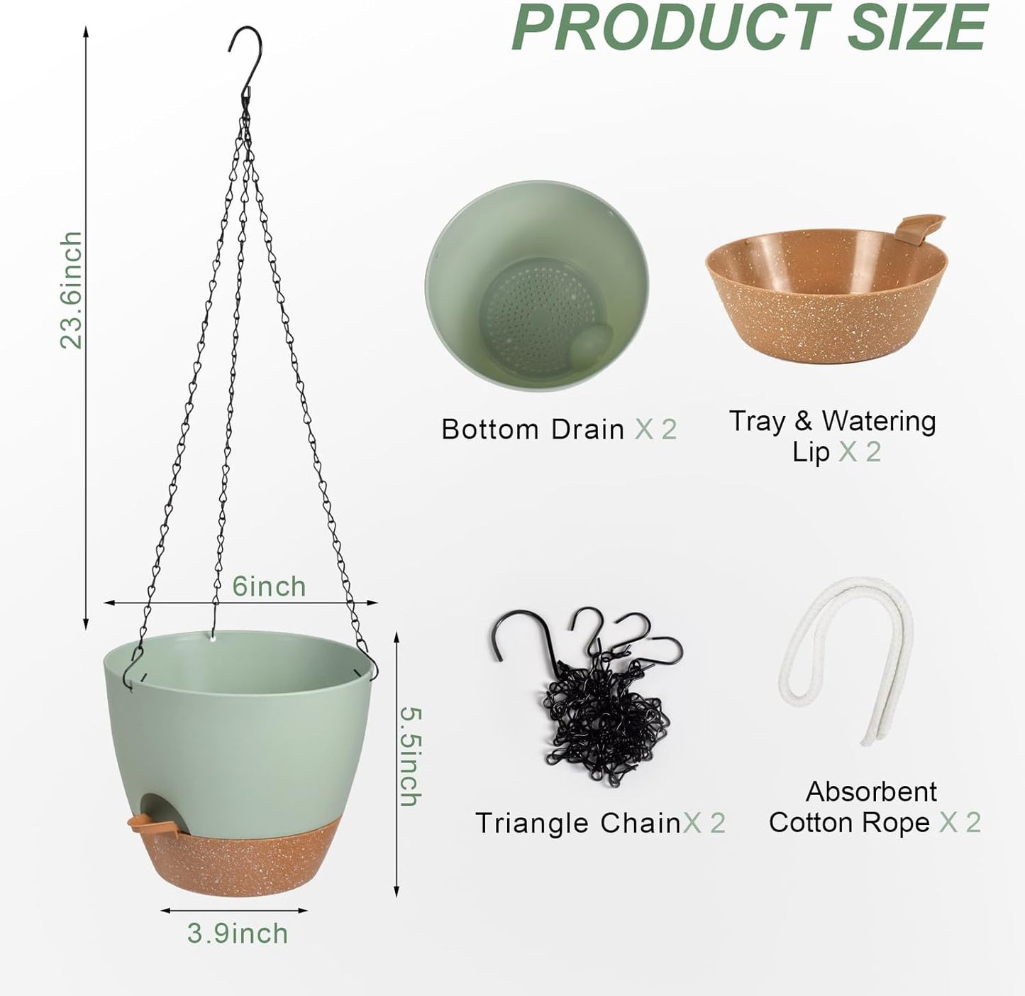Vanslogreen Hanging Planters for Indoor Outdoor Plants, 2 Pack Self Watering Hanging Pot with Drainage Holes & Removable Tray (Black, 8'')