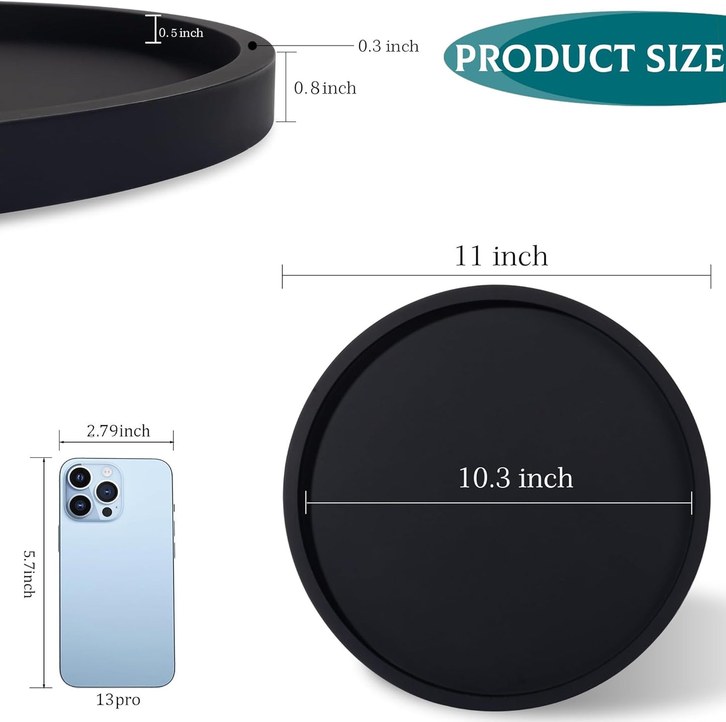 Silicone Bathroom Tray Round Vanity Tray Decorative Soap Holder Kitchen Countertop Organizer Coffee Table Decor for Candle, Perfume, Plant, 9 Inch, Black