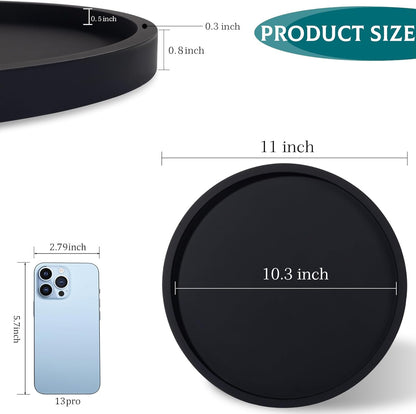 Silicone Bathroom Tray Round Vanity Tray Decorative Soap Holder Kitchen Countertop Organizer Coffee Table Decor for Candle, Perfume, Plant, 9 Inch, Black