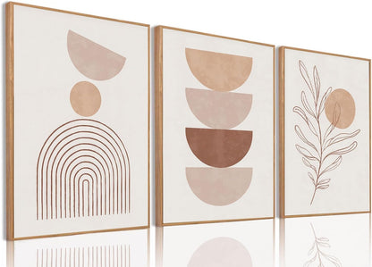 Bwodke Boho Wall Art, Framed Abstract Wall Art, Green Botanical Neutral Canvas Wall Decor, Large Mid Century Plant Pictures Set of 3, Modern Minimalist Paintings, for Bedroom Living Room Bathroom