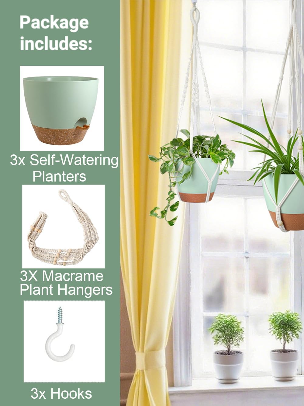 Bouqlife Hanging Planters with Macrame Plant Hangers for Indoor Outdoor Plants 3 Set Self Watering Pots Hanging Baskets Flower Pot Holders 3 Different Size