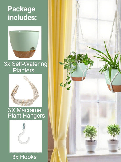 Bouqlife Hanging Planters with Macrame Plant Hangers for Indoor Outdoor Plants 3 Set Self Watering Pots Hanging Baskets Flower Pot Holders 3 Different Size