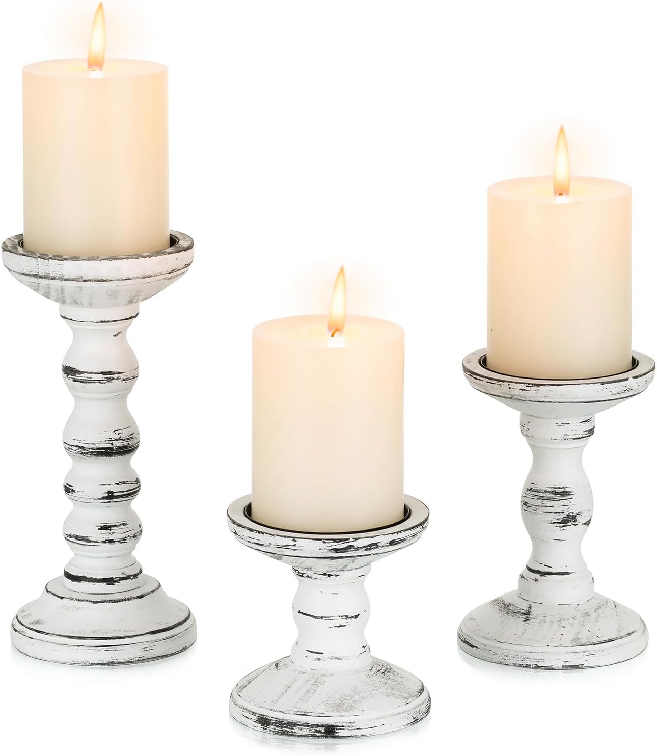 Candeldo Wood Candle Holders for Pillar: Rustic Candles Holder Set of 3 Tall Table Centerpiece Shabby Chic Decor Wooden White Farmhouse Decorations for Fireplace Mantle