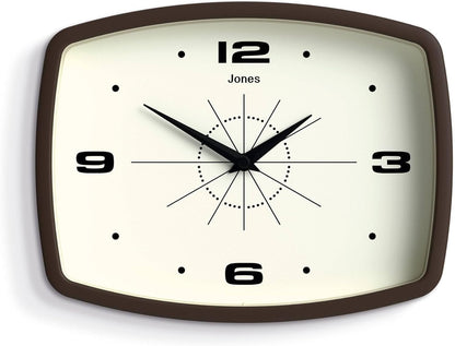 JONES CLOCKS® Movie wall Clock | Retro Rectangular Clock | 10 inch | Orange | Cool mid-Century Designer Look for Kitchen, Living Room or Office