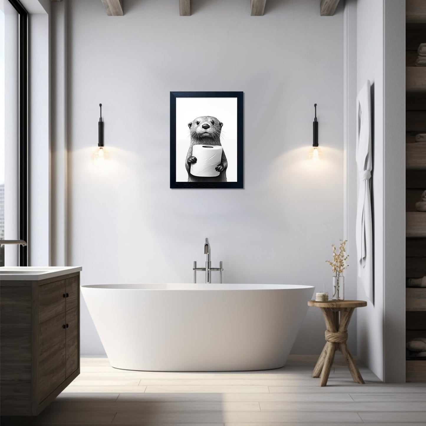 Bathroom Picture Wall Decor, Framed Black and White Bathroom Wall Art, Toilet Paper in Little Funny Raccoon's Hand Animal Canvas Print Painting