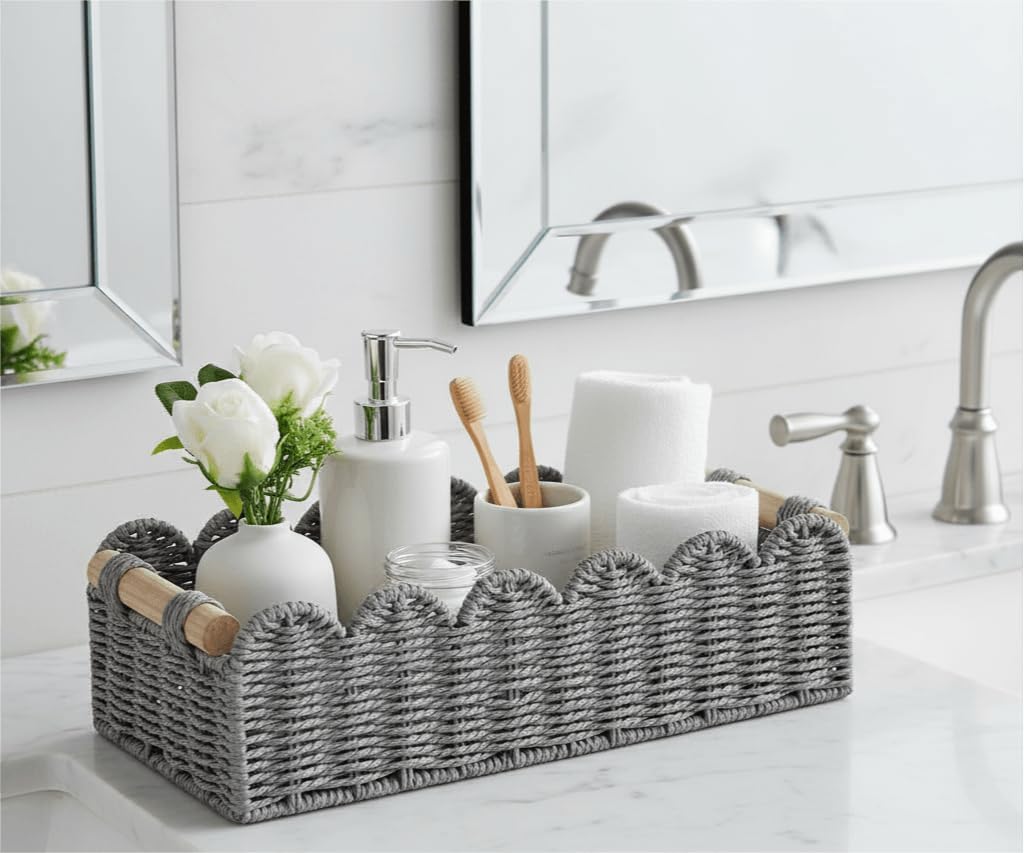CubesLand Paper Rope Scalloped Edge Toilet Paper Storage Basket, Small Living Room, Bedroom Decor Baskets for Over Toilet Storage Shelf, End Table, Shelves and More, with 2 Wooden Handle, Neutral