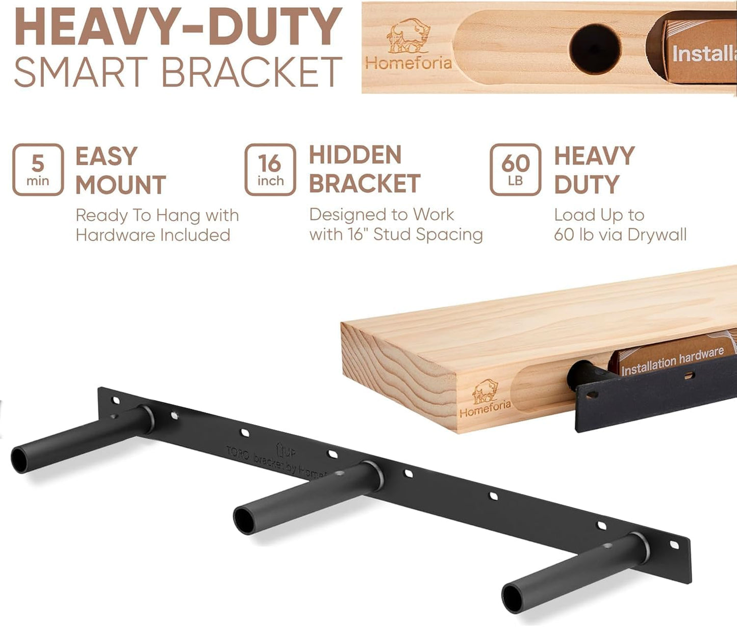 Homeforia 24 inch Natural Floating Shelf, High End Solid Real Wood 24inch Small Floating Shelves for Wall Mounted, Natural Wooden Floating Shelves, Heavy Duty Bracket, 24 X 6.5 X 1.75 in, Set of 2