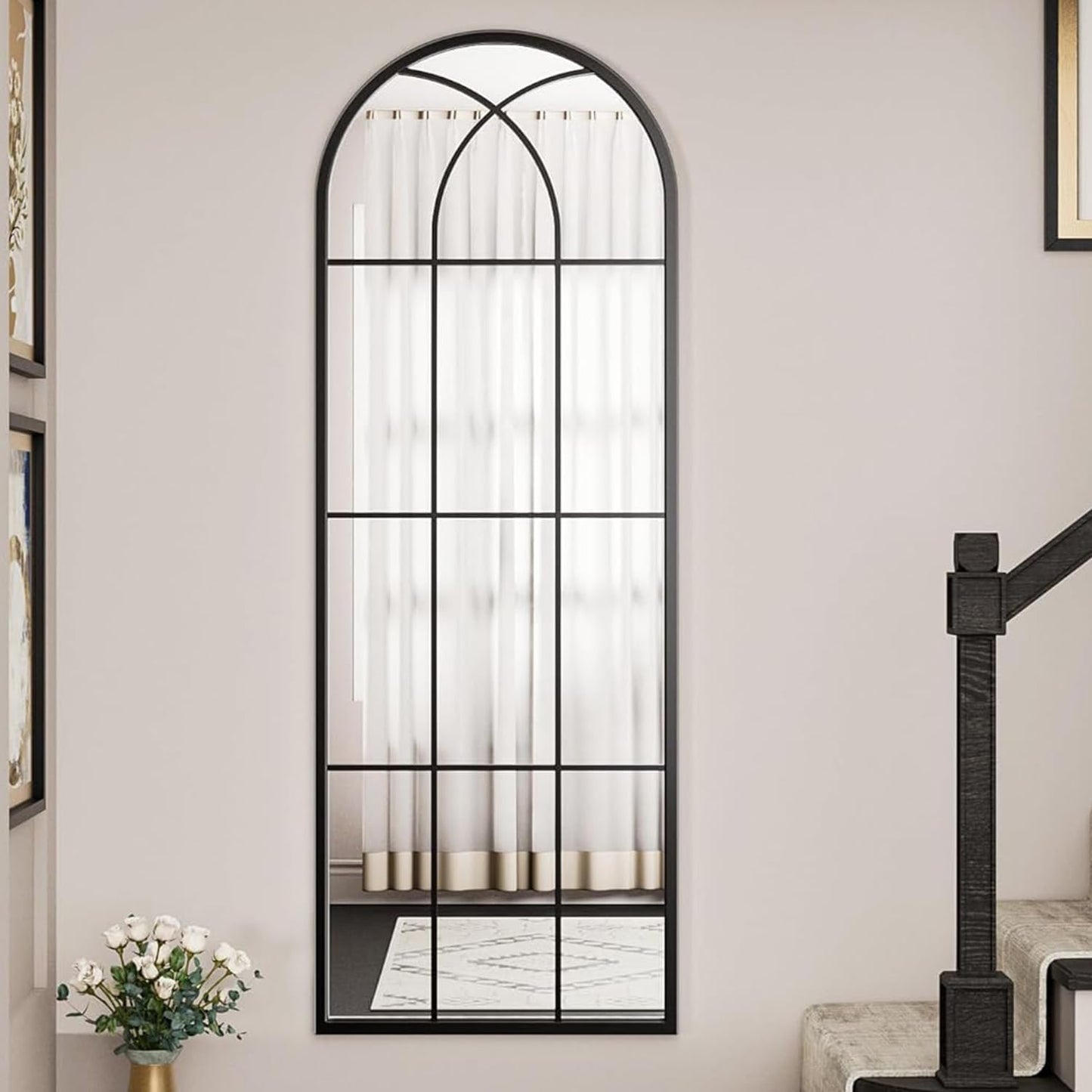 Dewfig 65"x 22" Arched Window pane Full Length Mirror, Wall Mirror, Floor Standing Mirrors, Farmhouse Long Full Body Mirrors Wall Mounted for Living Room, Bedroom, Entryway, Fireplace, Black