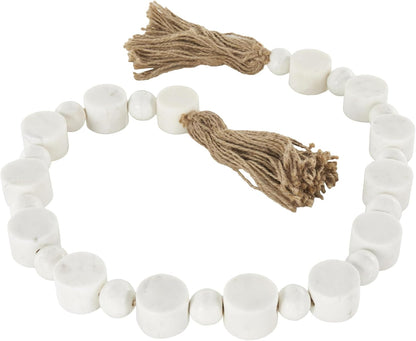 Deco 79 Marble Handmade Beaded Garland with Tassel Round Extra Long Orb Small Beads with Tassel with Knotted Brown Jute, Beads with Tassel 44" x 1" x 1", White