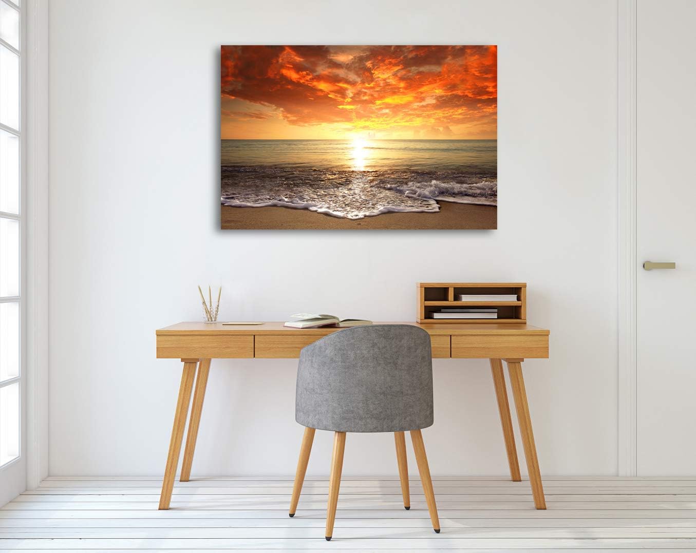 Baisuart S02250 Canvas Prints Wall Art Beach Sunset Ocean Waves Nature Pictures Stretched Canvas Wooden Framed for living Room Bedroom and Office