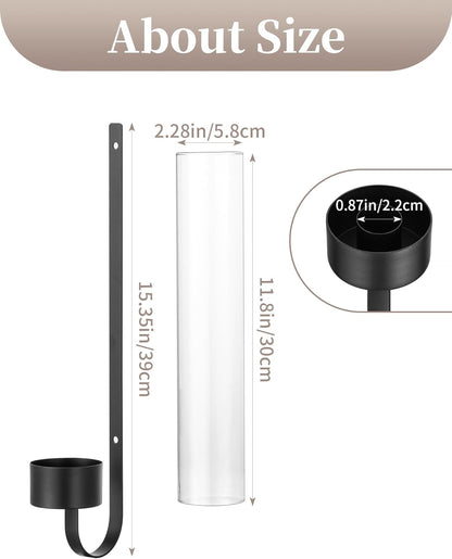 Sziqiqi Black Wall Candle Holders: Metal Candle Sconces for Taper Set of 2 Modern Wall Mounted Candlestick Holder with Hurricane Glass for Living Dining Room Bedroom Bathroom Outdoor