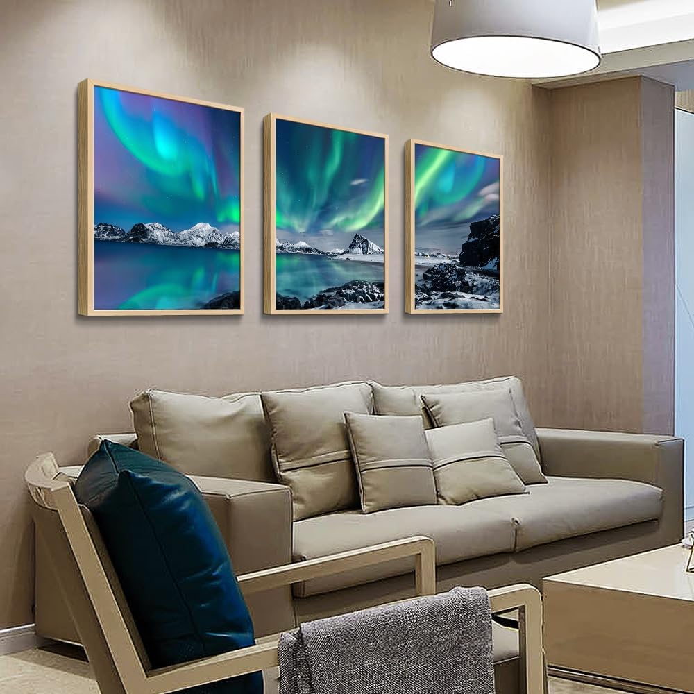 MHARTK66 Wall Art for Bedroom Wall Decor for Living Room Office Decor Abstract Mountain Aurora Landscape Painting 3 Piece Scenic Framed Canvas Art Prints Ready to Hang Kitchen Wall Pictures Home Decor