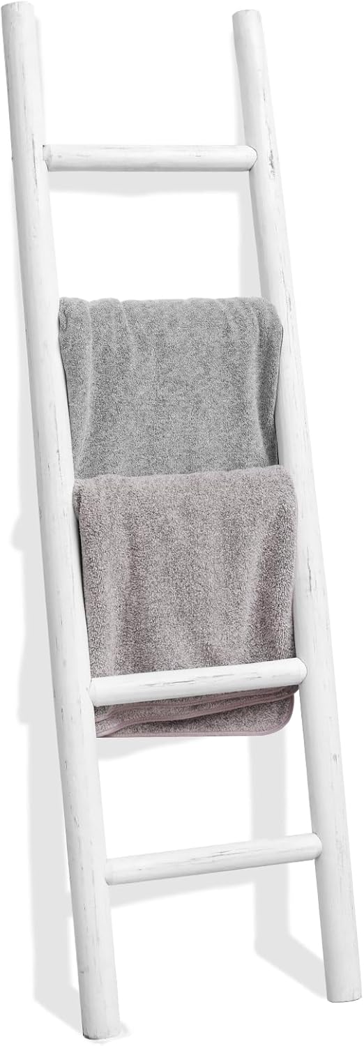 FUIN 57in Wood Blanket Ladder Living Room Decorative Wall Leaning Farmhouse Quilt Display Holder Rustic Wooden Towel Rack for Bathroom, Brown