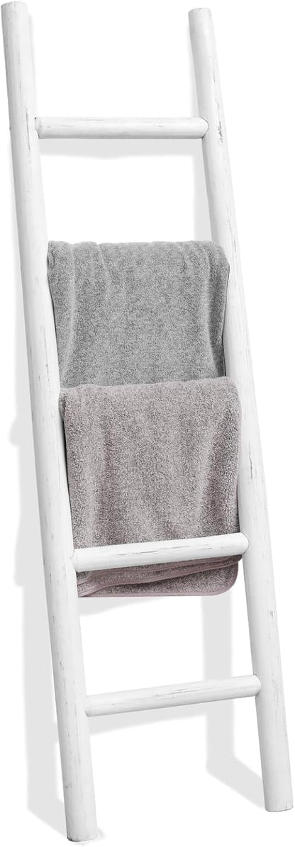 FUIN 57in Wood Blanket Ladder Living Room Decorative Wall Leaning Farmhouse Quilt Display Holder Rustic Wooden Towel Rack for Bathroom, Brown
