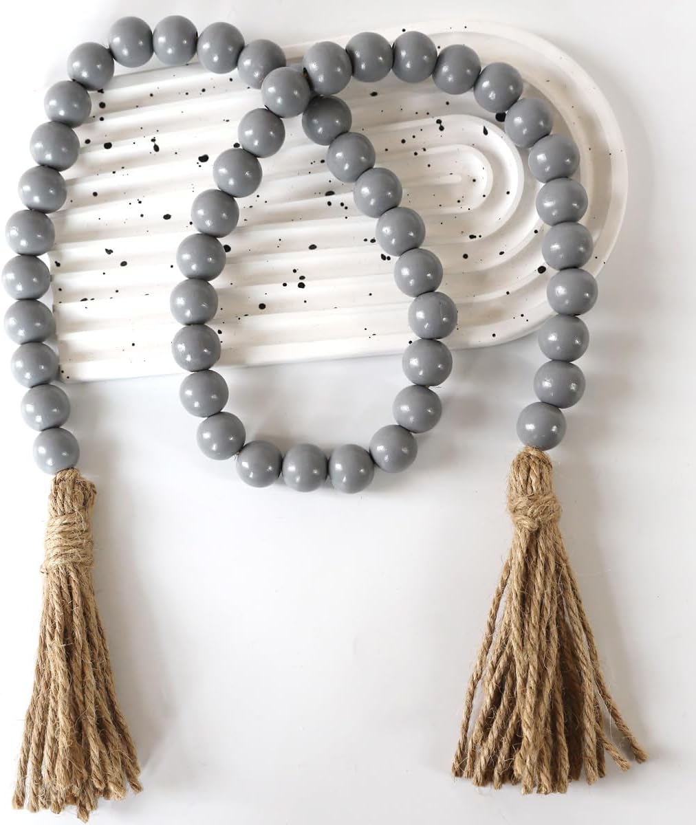 Boho Decor Wood Beads Garland Farmhouse Wall Hanging Decorations Natural Wooden Bead Tassel Decorative for Coffee Table Christmas and Prayer (Nature, 58")