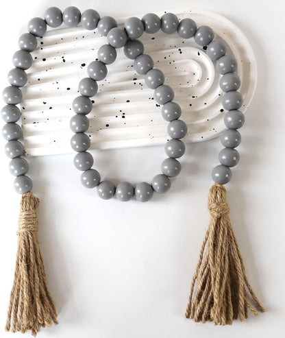 Boho Decor Wood Beads Garland Farmhouse Wall Hanging Decorations Natural Wooden Bead Tassel Decorative for Coffee Table Christmas and Prayer (Nature, 58")