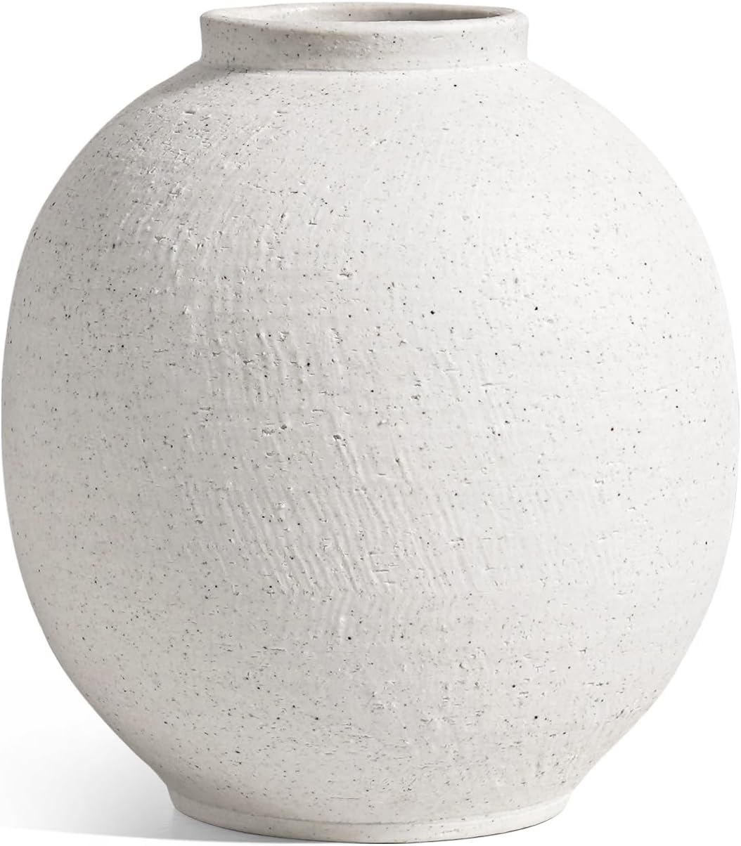 Large White Ceramic Vase - 9.8 Inch Rustic Farmhouse Flower Vase for Home Decor, Minimalist Tall Vases for Living Room, Table, Bathroom, Holiday & Weddings (Sandstone White)
