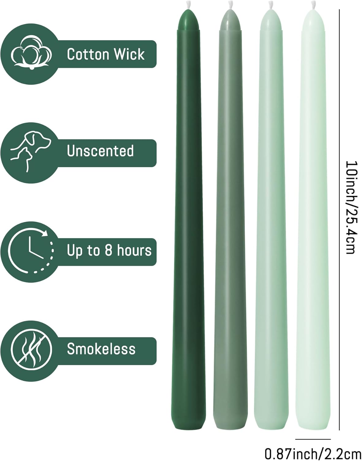 Viyffo Taper Candles, 10 Inch, 4 Pack, Olive Glow – Unscented, Dripless & Smokeless Design, Up to 8 Hour Burn – Long Tall Taper Candlesticks for Wedding, Dinner & Home Decor