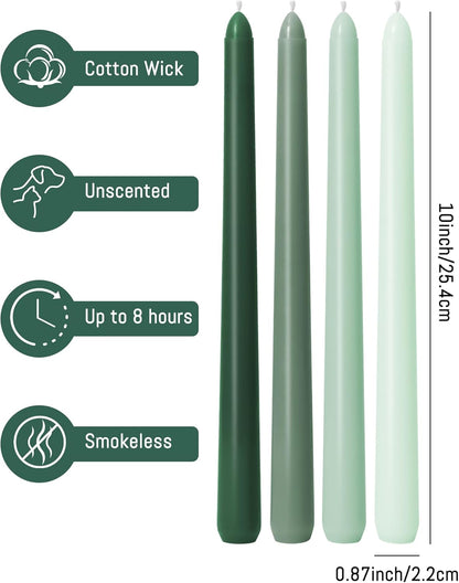 Viyffo Taper Candles, 10 Inch, 4 Pack, Olive Glow – Unscented, Dripless & Smokeless Design, Up to 8 Hour Burn – Long Tall Taper Candlesticks for Wedding, Dinner & Home Decor