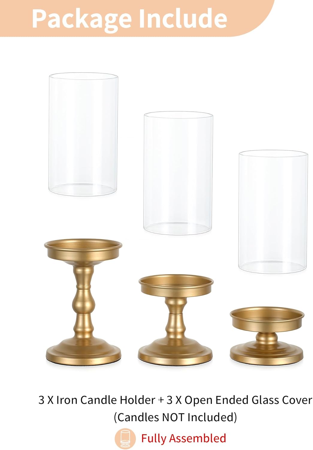 NUPTIO Hurricane Glass Candle Holders: Pillar Candle Stand with Open Ended Chimney - Set of 3 Gold Metal Candleholder for Fireplace Dining Table Centerpiece