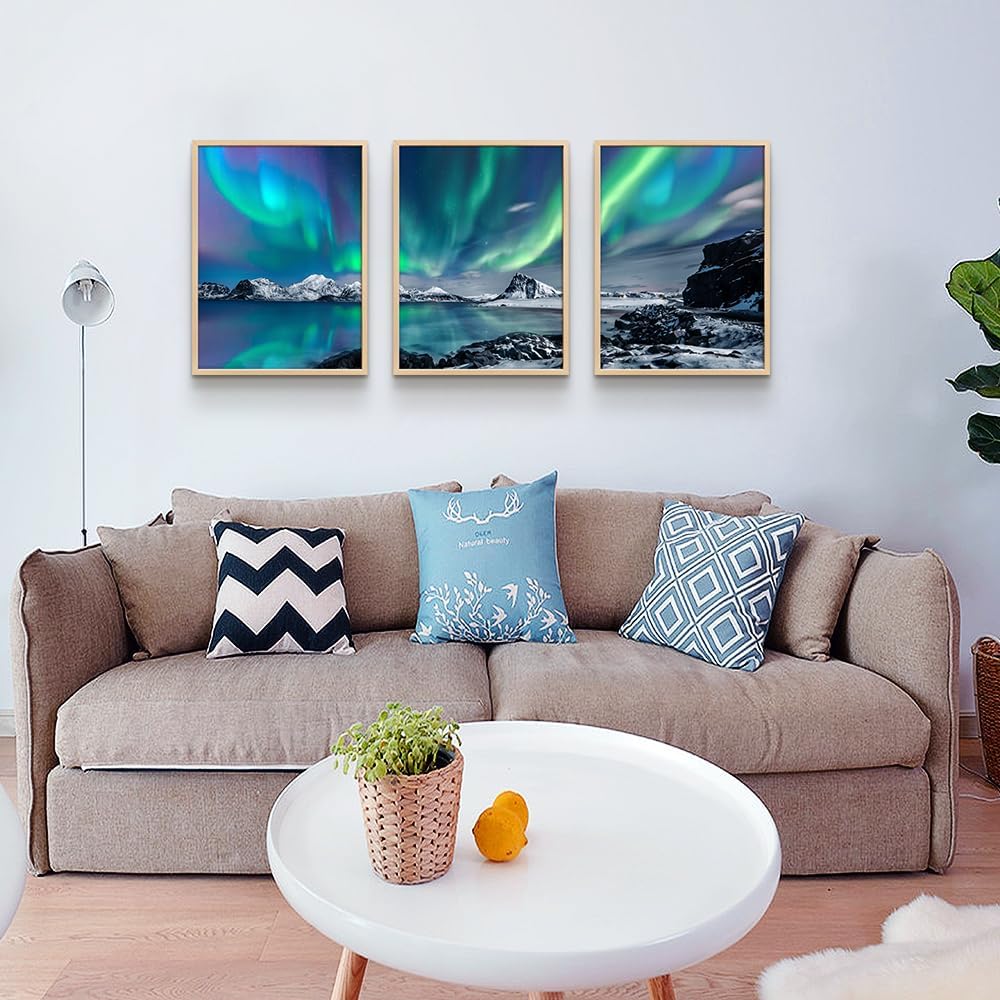 MHARTK66 Wall Art for Bedroom Wall Decor for Living Room Office Decor Abstract Mountain Aurora Landscape Painting 3 Piece Scenic Framed Canvas Art Prints Ready to Hang Kitchen Wall Pictures Home Decor