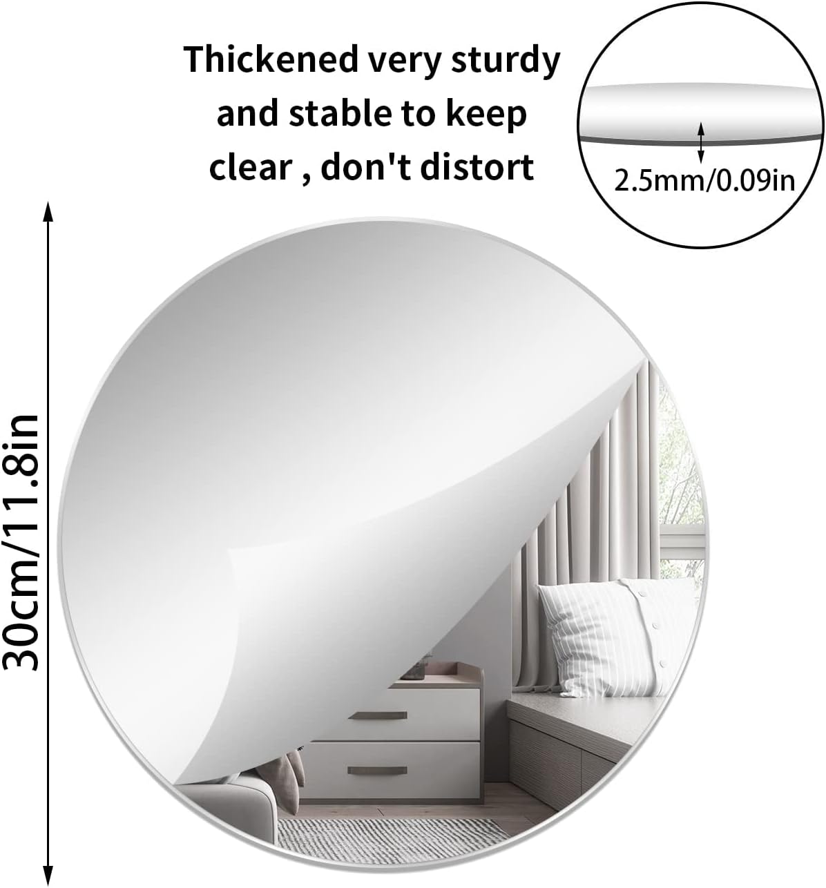 12'' Round Wall Mirror Tiles High Clear Reflecticon Self Adhesive Acrylic Mirror Sheets Circle Stickers for Bathroom, Bedroom, Door, Home Decor