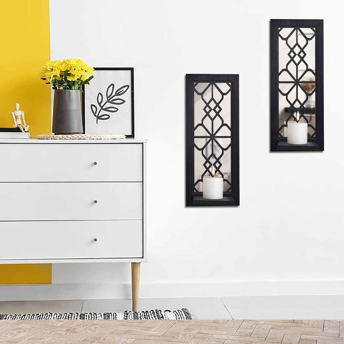 Wood Wall Sconce Candle Holder Set 2, Rustic Wall-Mount Candle Holders, Farmhouse Hanging Wall Décor, Carved Wood Frame, Mirrored Candle Holder (Distressed White)
