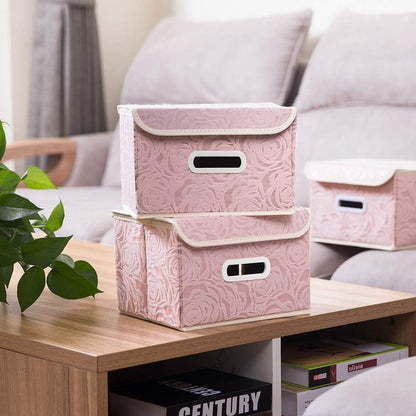 PRANDOM Larger Collapsible Storage Bin with Lid [1-Pack] Fabric Decorative Storage Box Cube Organizer Container Baskes with Handles Divider for Bedroom Closet Living Room Pink 17.7x11.8x11.8 Inch