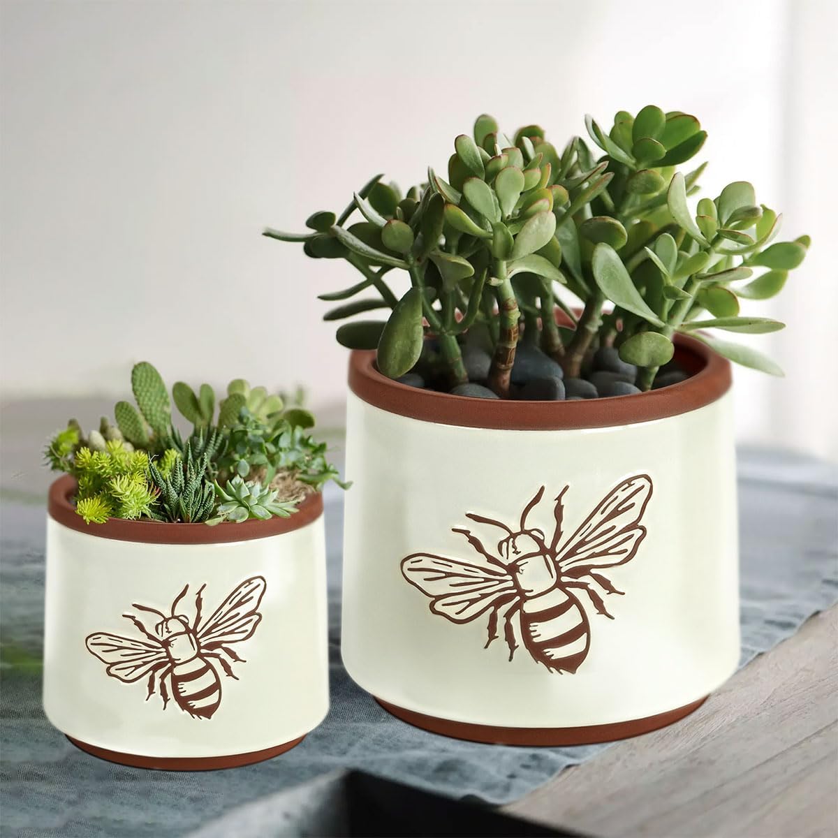 YBX 8 Inch + 6 Inch Ceramic Plant Pots, Succulent Flower Pots with Drainage Holes, Terracotta Planters for Indoor Plants, White&Terracotta (Garden)