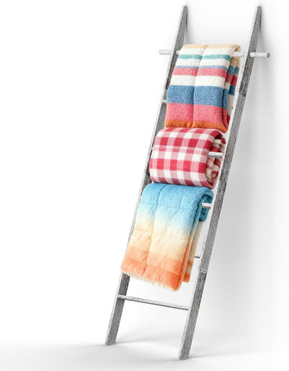 Farmhouse Wooden Blanket Ladder with Removable Hooks, 6-Tier Rustic Blanket Rack Decorative Stand, Leaning Towel Quilt Rack Holder for Bathroom Living Room Decor Brown