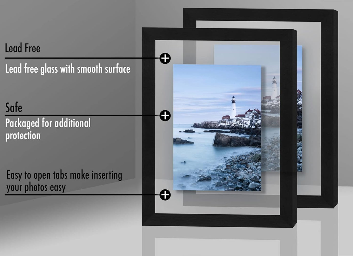 Americanflat 8.5x11 Floating Picture Frame with Polished Crystal-Clear Glass - Set of 2 - Use as 5x7 Frame or Display 4x6 Photo - Signature Float Collection - Photo Frames for Wall Display - Black