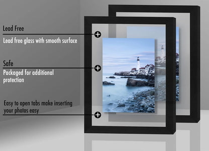 Americanflat 8.5x11 Floating Picture Frame with Polished Crystal-Clear Glass - Set of 2 - Use as 5x7 Frame or Display 4x6 Photo - Signature Float Collection - Photo Frames for Wall Display - Black