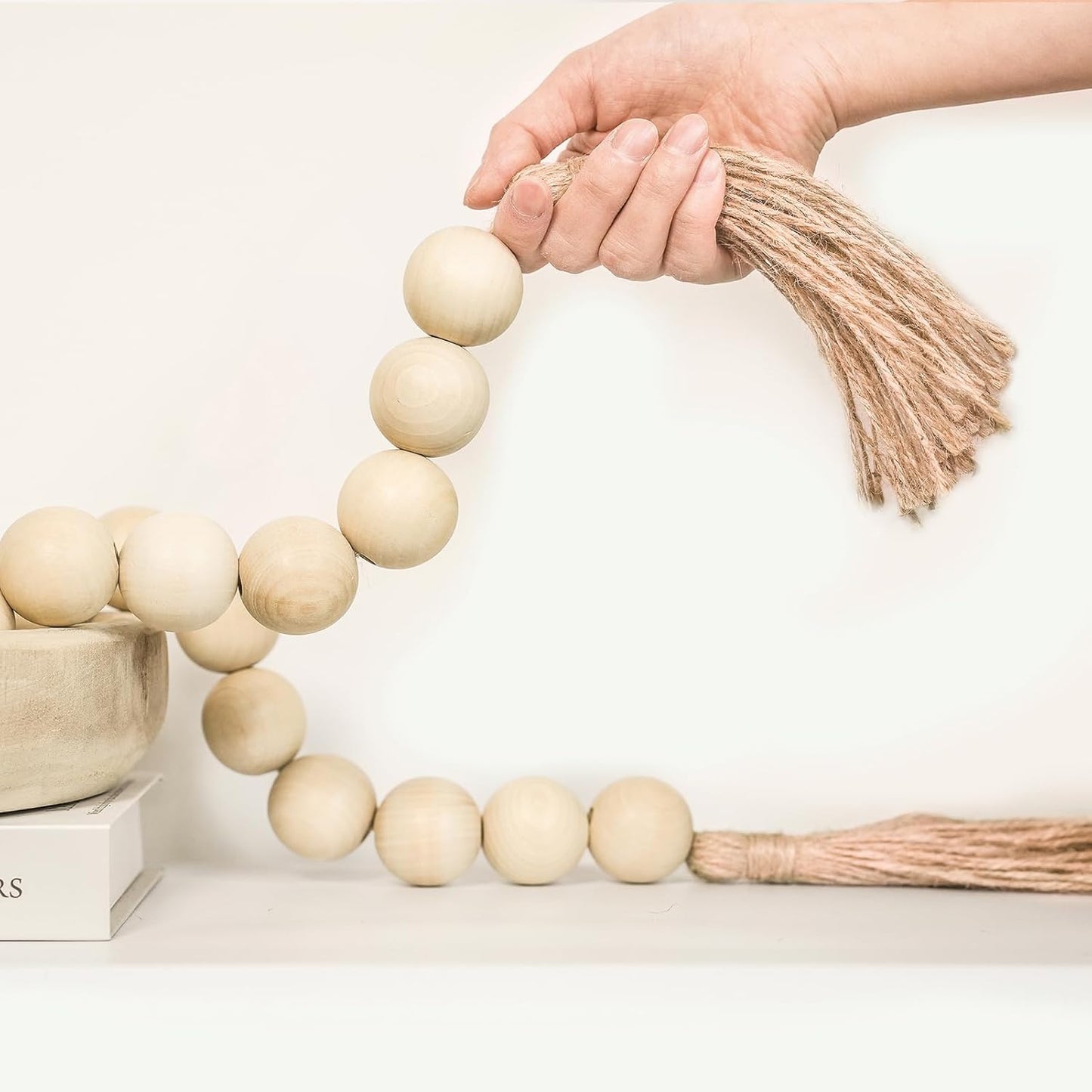 Extra Large Wood Bead Garland with 1.4" Diameter Wood Beads, Wooden Beads Garland with Tassels, Decorative Beads Home Decor, Farmhouse Beads Decor (Natural, 50 Inches)