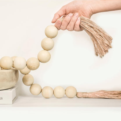 Extra Large Wood Bead Garland with 1.4" Diameter Wood Beads, Wooden Beads Garland with Tassels, Decorative Beads Home Decor, Farmhouse Beads Decor (Natural, 50 Inches)