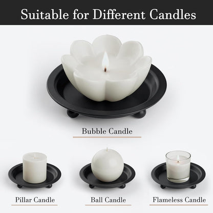 Black Candle Candlestick Holder Decor, 4.13 Inch Round Candles Tray Holders Set of 2, Iron Plate Candle Stand for Pillar Ball Candles, Metal Porta Velas for Home Decor Table Centerpiece
