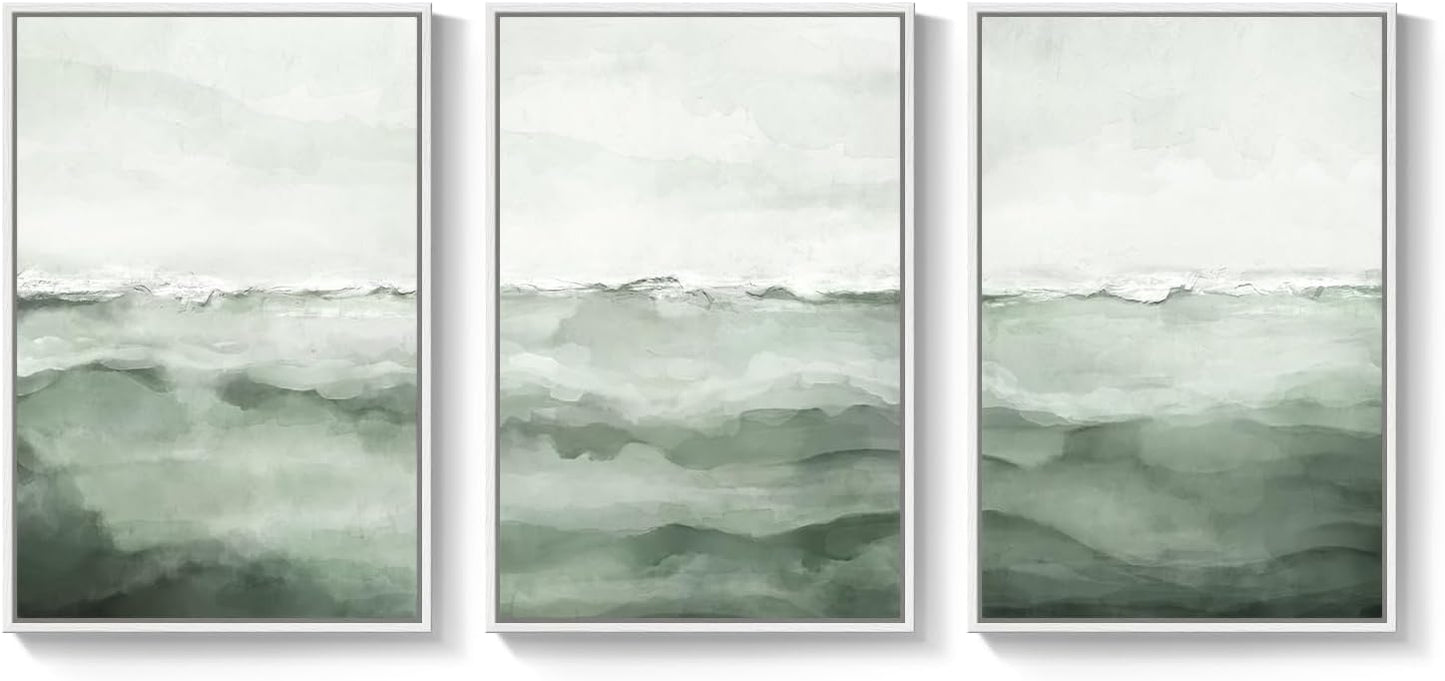 Large Framed Abstract Nature Landscape Wall Art for Living Room, Set of 3 Modern Canvas Prints Paintings Artwork for Walls, Green Lake Pictures for Hallway, Dining Room, Office Wall Decor 24x36 Inch