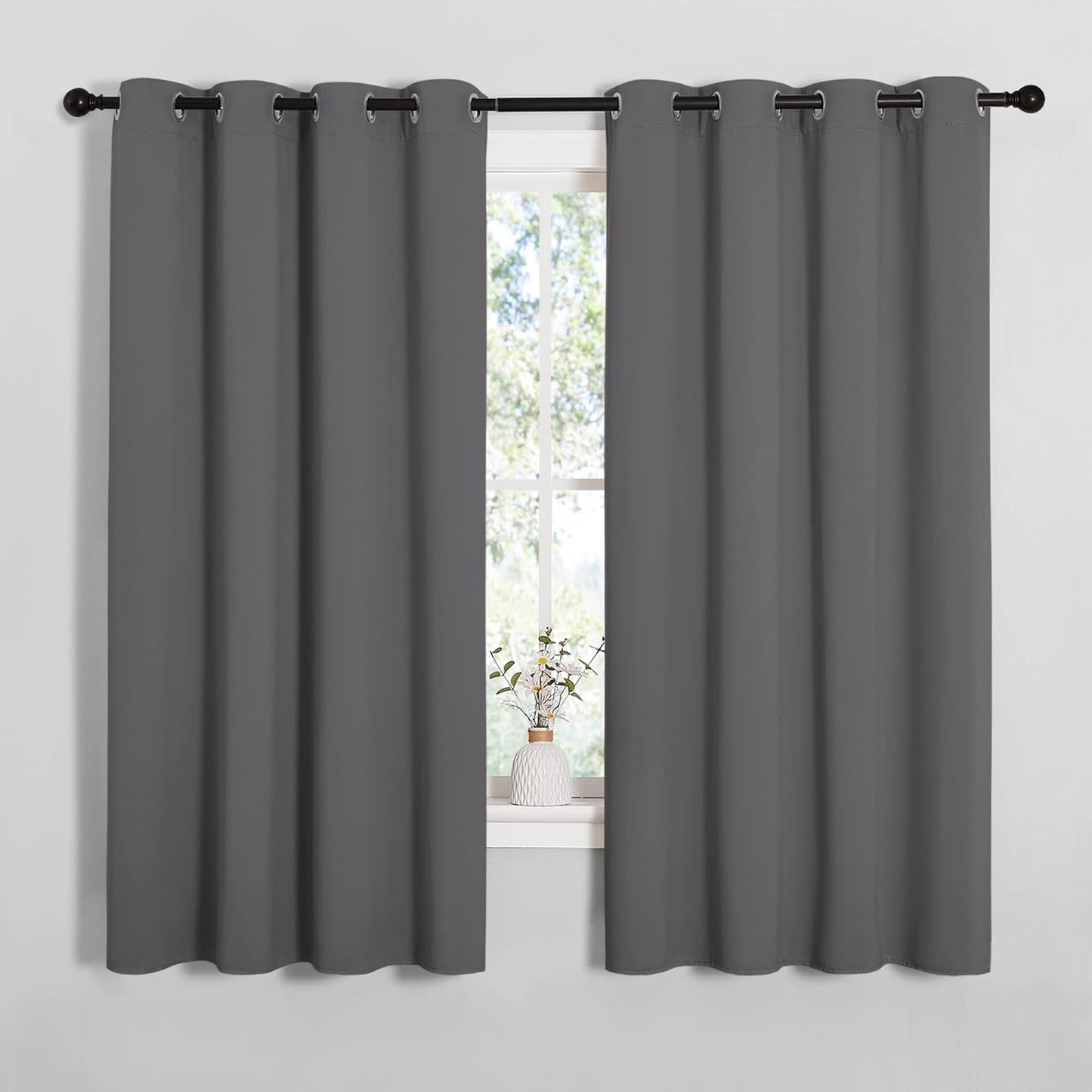NICETOWN Halloween Pitch Black Solid Thermal Insulated Grommet Blackout Curtains/Drapes for Bedroom Window (2 Panels, 42 inches Wide by 63 inches Long, Black) - Colors E