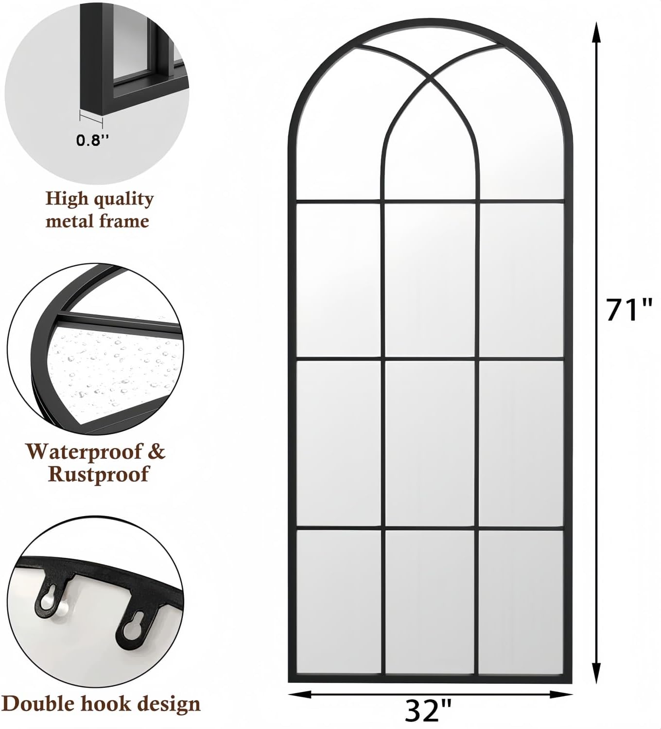 Dewfig 65"x 22" Arched Window pane Full Length Mirror, Wall Mirror, Floor Standing Mirrors, Farmhouse Long Full Body Mirrors Wall Mounted for Living Room, Bedroom, Entryway, Fireplace, Black