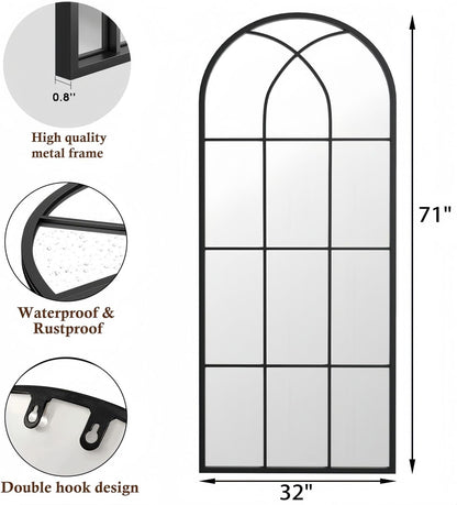 Dewfig 65"x 22" Arched Window pane Full Length Mirror, Wall Mirror, Floor Standing Mirrors, Farmhouse Long Full Body Mirrors Wall Mounted for Living Room, Bedroom, Entryway, Fireplace, Black