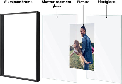 Americanflat Aluminum 11x14 Floating Picture Frame with Shatter-Resistant Glass - Use as 8x10 Picture Frame or Display 11x14 Photo - Signature Float Collection - Photo Frames for Wall Display - Black