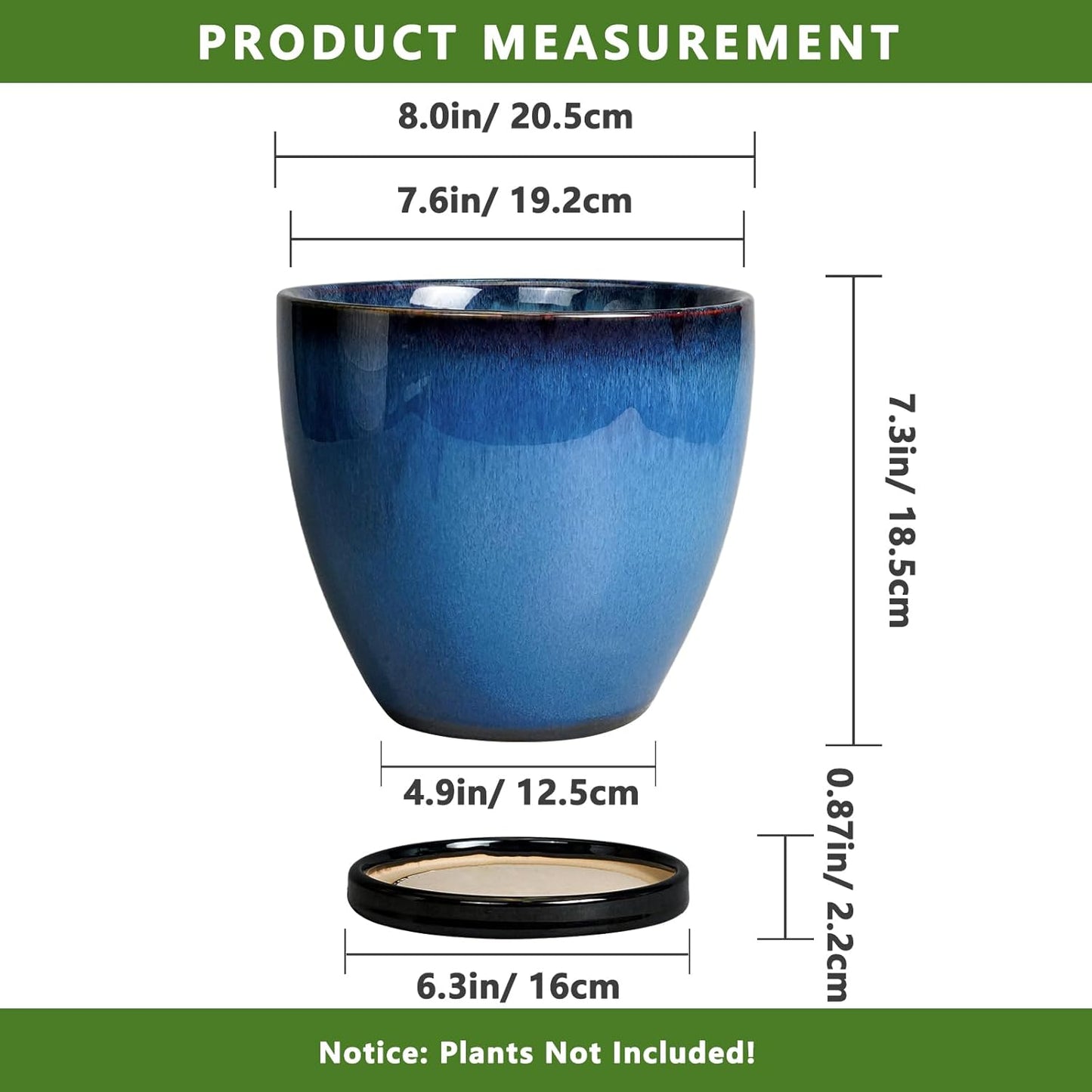 10 Inch Ceramic Planter Pot Round Plant Pot for Indoor Plants Outdoor Large Flower Pot with Drainage Hole and Saucer Blue