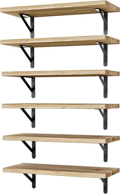 YGEOMER Brown Floating Shelves for Wall, 16.5 Inch Farmhouse Wall Shelves for Bedroom, Bathroom Storage, Living Room and Kitchen Decor (Set of 6 Brown)