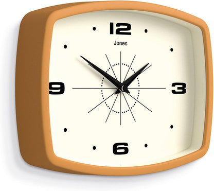 JONES CLOCKS® Movie wall Clock | Retro Rectangular Clock | 10 inch | Orange | Cool mid-Century Designer Look for Kitchen, Living Room or Office