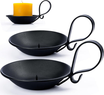 Matte Black Iron Pillar Candle Holder, with Handle, Simple Industrial Style ，Table Centerpiece Decoration，with Safety Spike.