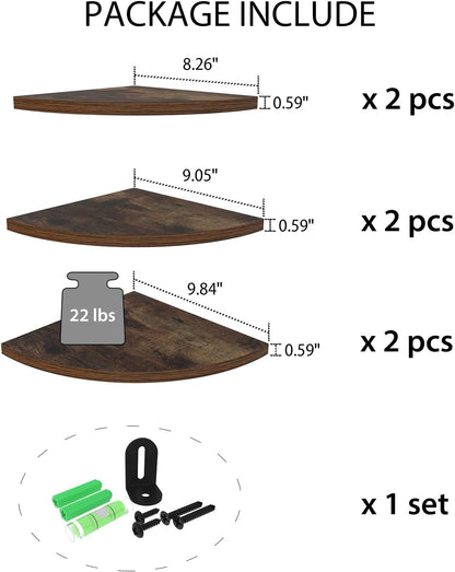 HORLIMER Floating Corner Shelf Wall Mount, 3 Pack Rustic Wood Corner Wall Shelves with Fence for Bedroom, Bathroom, Kitchen, Living Room, Brown