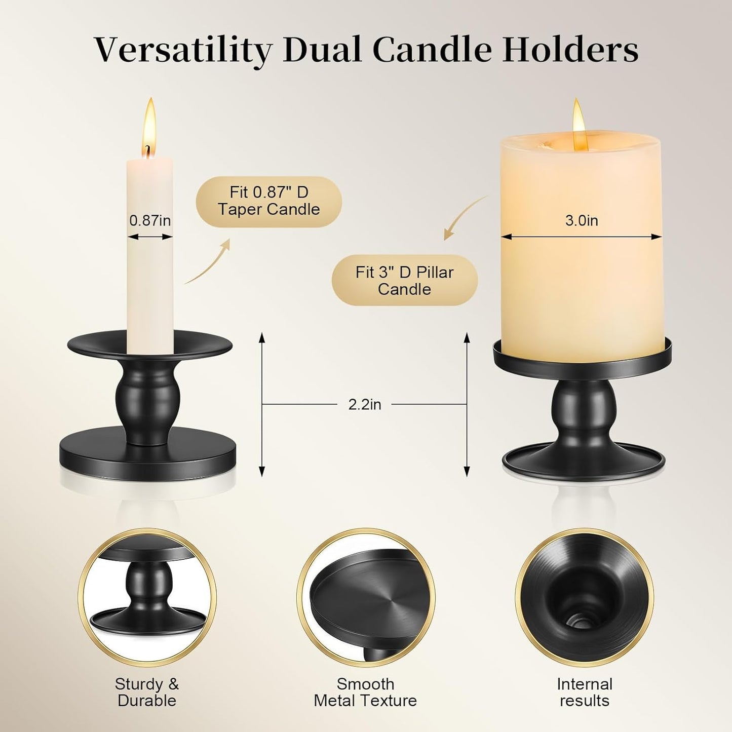 Pillar & Taper Dual Candle Holder: Fit 3"D and 0.87"D Candles - Stable Wide Base & Easy Clean - Smooth Metal Texture Candlestick for Wedding Home Holiday Table Centerpiece Decor - Set of 3 Gift (Gold)